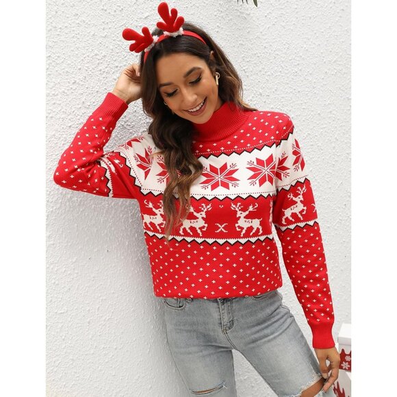 Women Ugly Christmas Red Sweater Reindeer Snowflake Knit Pullover Crew Neck - Picture 2 of 5